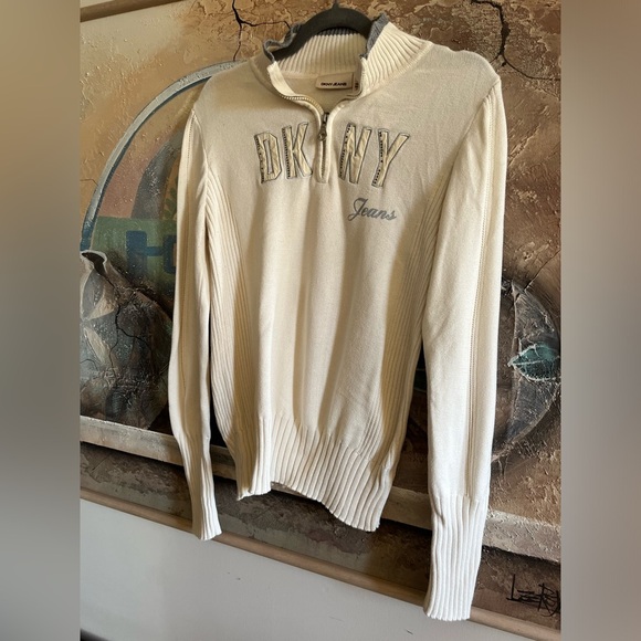 DKNY JEANS  Ivory Logo Embroidered Half-Zip Mock Neck Sweater Vintage Y2K Cotton - Picture 2 of 10